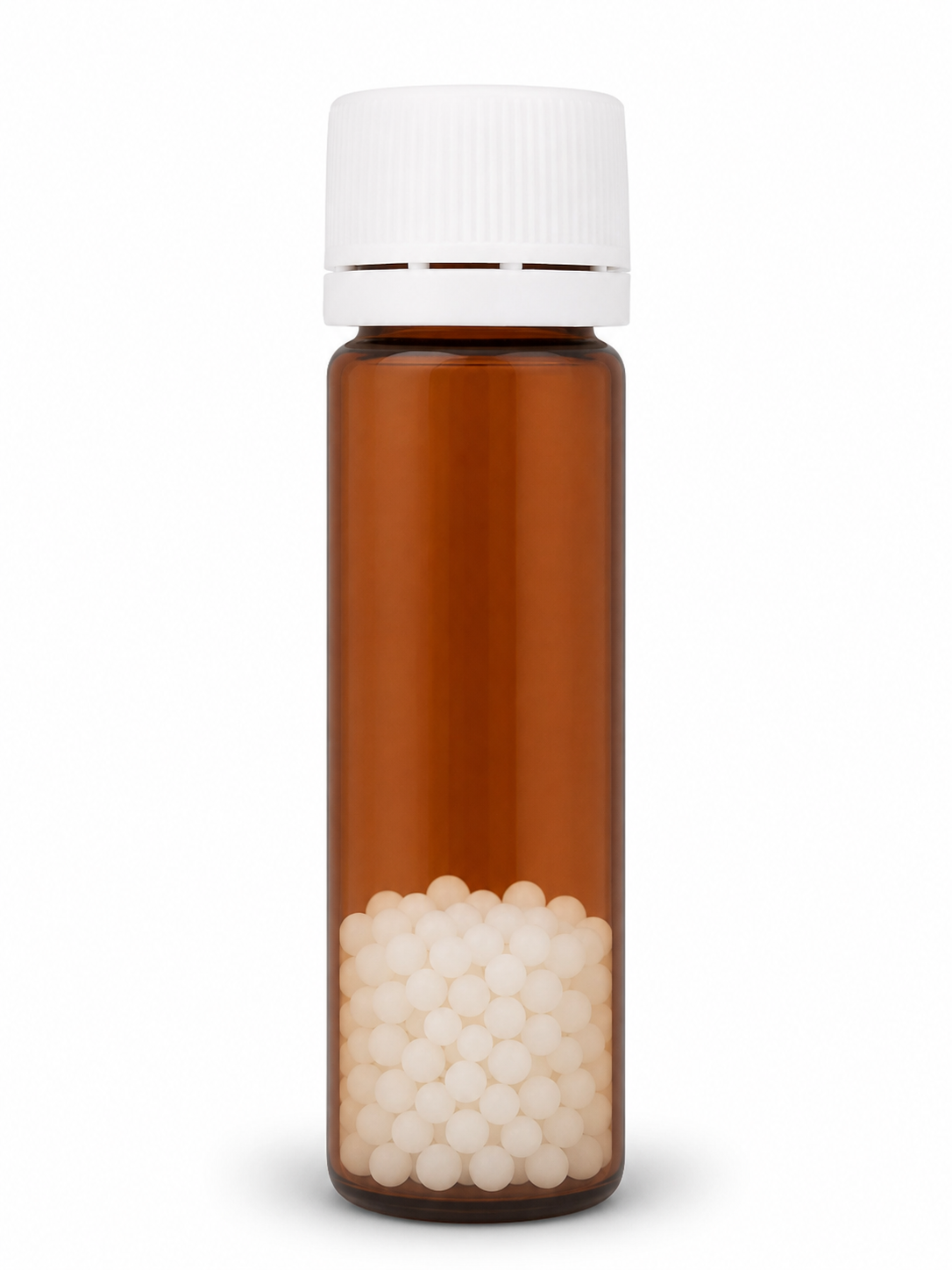 Unlabelled amber homeopathic pill jar, partly filled with white pills to represent fundraising progress